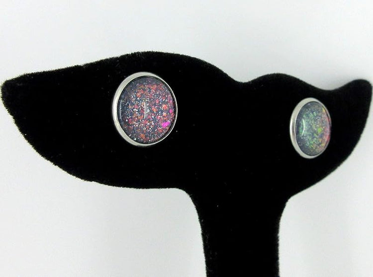 Summerfield Collection Stainless Steel Gray and Rainbow Holographic Glitter Glass Stud Earrings Hand-painted 12mm