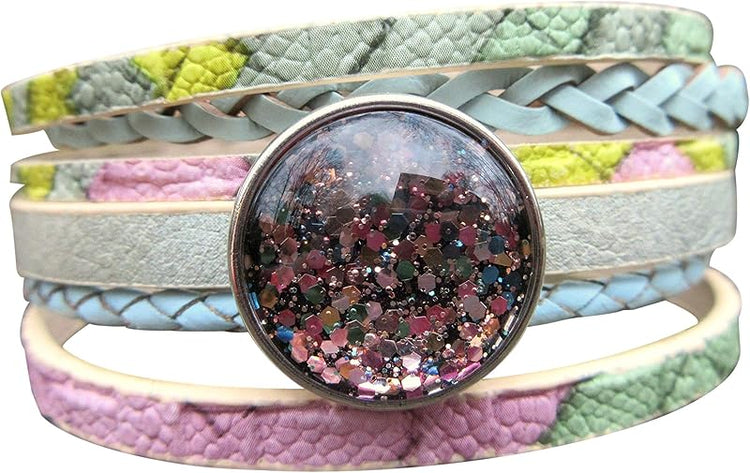 Summerfield Collection Interchangeable Snap Bracelet 3 Charm Set Blue Green Pink Glitter Glass Layered Leather