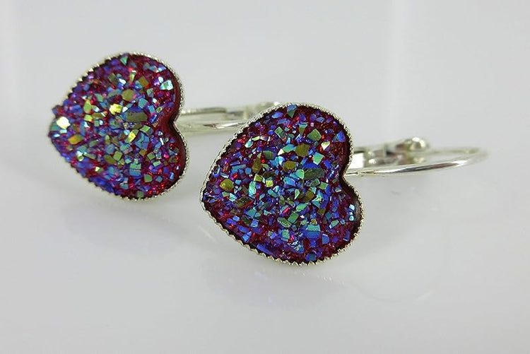 Summerfield Collection Silver-tone Raspberry Heart Faux Druzy Stone Lever-back Drop Earrings 12mm