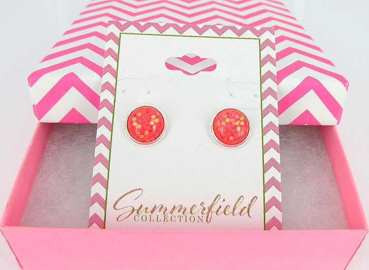 Summerfield Collection Shiny Silver-tone Iridescent Glitter Resin Stud Earrings 10mm (Coral)