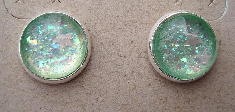 Summerfield Collection Silver-Tone Seafoam Iridescent Glitter Glass Stud Earrings 1/2" Round Mermaid Tears