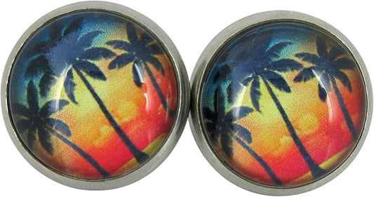 Summerfield Collection Stainless Steel Tropical Sunset Palm Tree Print Glass Stud Earrings 12mm