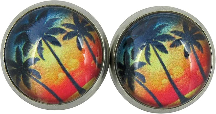 Summerfield Collection Stainless Steel Tropical Sunset Palm Tree Print Glass Stud Earrings 12mm