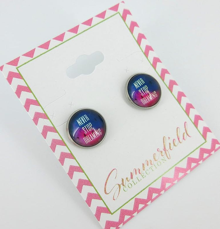 Summerfield Collection Stainless Steel Never Stop Dreaming Print Glass Stud Earrings 12mm