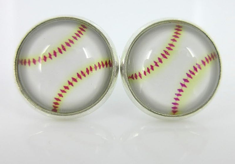 Summerfield Collection Silver-tone Baseball Print Glass Stud Earrings 12mm