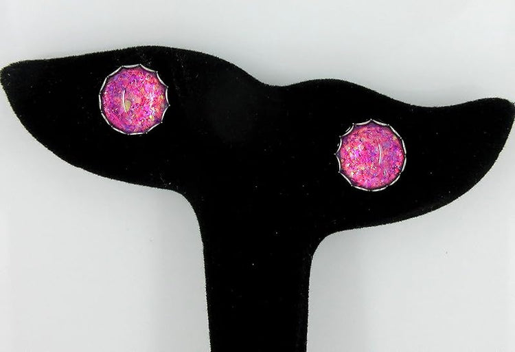 Summerfield Collection Stainless Steel Magenta Pink Purple with Colorshifting Rainbow Flake Glitter Glass Stud Earrings Hand-painted 12mm