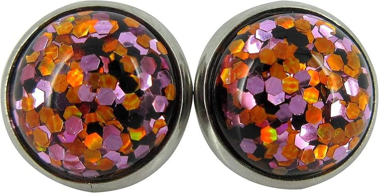 Summerfield Collection Stainless Steel Halloween Glitter Resin Stud Earrings 12mm Purple Orange Black