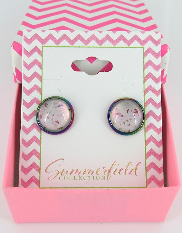 Summerfield Collection Rainbow Stainless Steel Metallic Glitter Glass Stud Earrings Hand-painted 12mm (Opalescent Fleck)