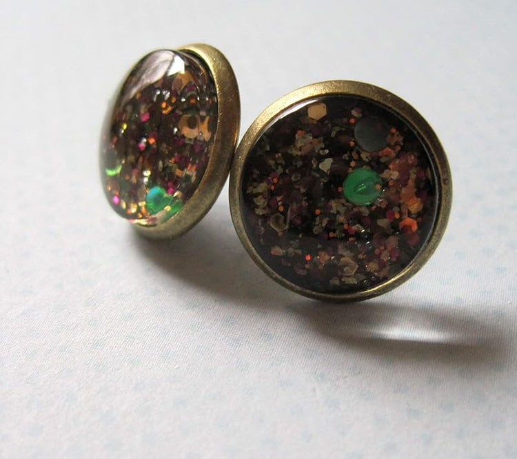 Summerfield Collection Antiqued Gold-Tone Brown Green Black Glitter Glass Stud Earrings 1/2" Round