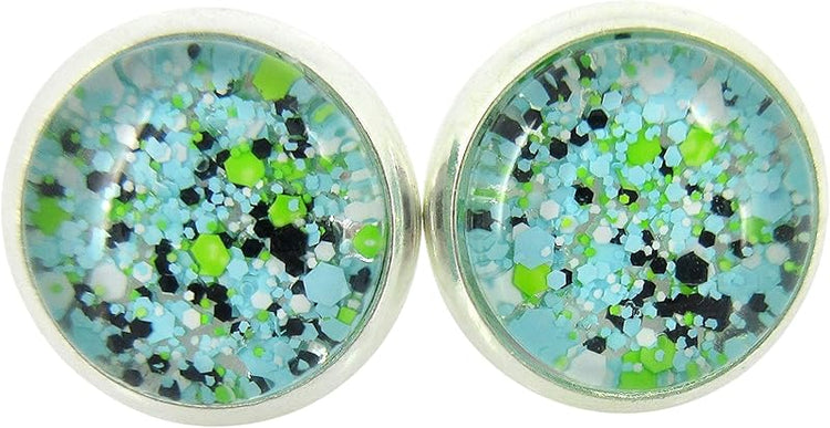 Summerfield Collection Silver-tone Blue Black Green White Glitter Glass Stud Earrings Hand-painted 10mm