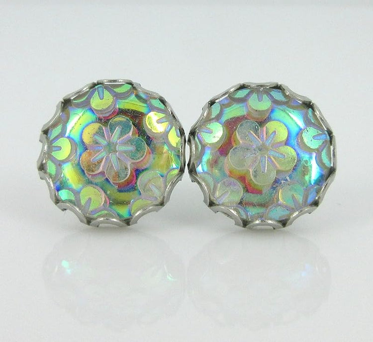 Summerfield Collection Stainless Steel Iridescent Clear AB Flower Resin Stud Earrings 12mm Translucent