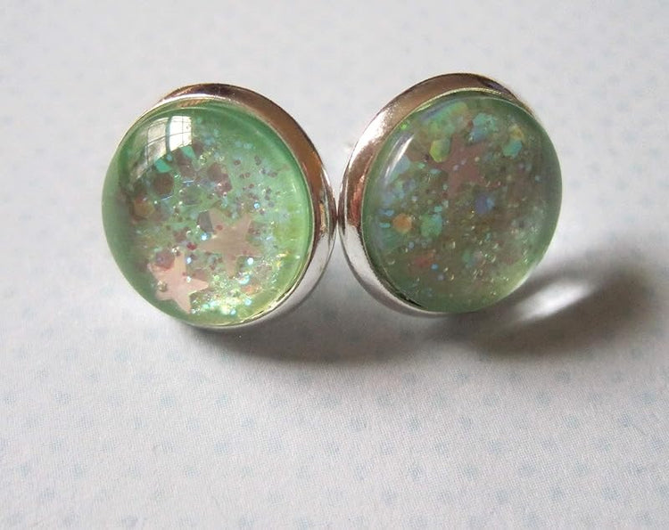 Summerfield Collection Silver-Tone Seafoam Iridescent Glitter Glass Stud Earrings 1/2" Round Mermaid Tears