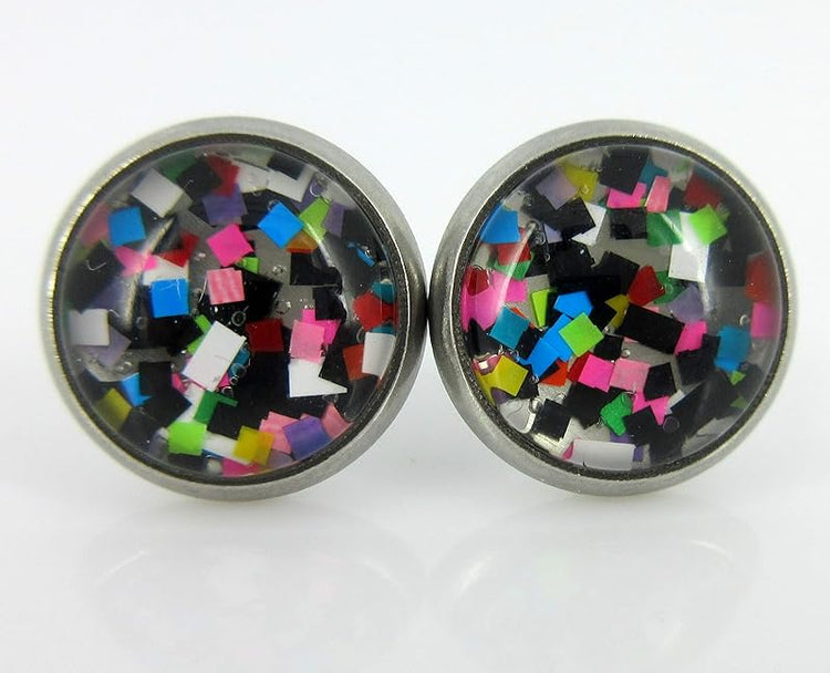 Summerfield Collection Stainless Steel Pixel Party Glitter Glass Stud Earrings Hand-painted 10mm