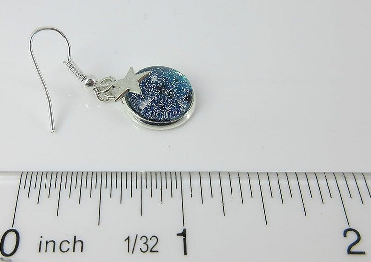 Summerfield Collection Silver-tone Glitter Glass Star Charm Galaxy Dangle Earrings Blue Hand-painted