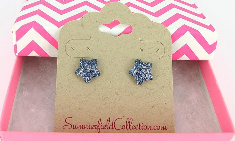 Summerfield Collection Star Shaped Glitter Glass Galaxy Stud Earrings 10mm Hand-painted