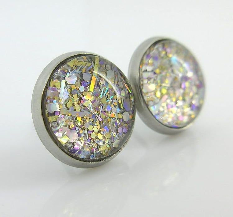 Summerfield Collection Stainless Steel Metallic Silver and Gold Glitter Glass Stud Earrings Hand-painted 10mm