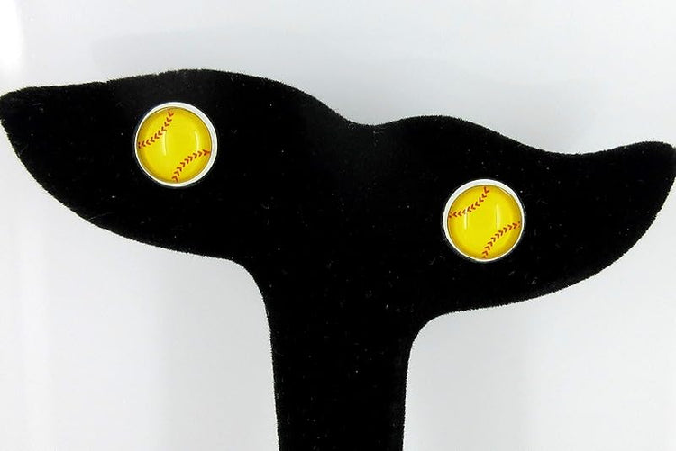 Summerfield Collection Silver-tone Yellow Softball Print Glass Stud Earrings 10mm