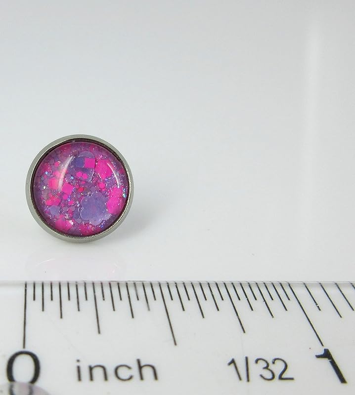 Summerfield Collection Stainless Steel Lavender Purple and Hot Pink Glitter Glass Stud Earrings Hand-painted 10mm