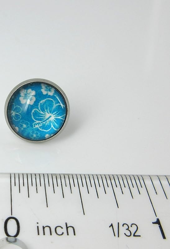 Summerfield Collection Stainless Steel Hibiscus Flower Print Glass Stud Earrings 12mm Hawaiian (Aqua Blue)