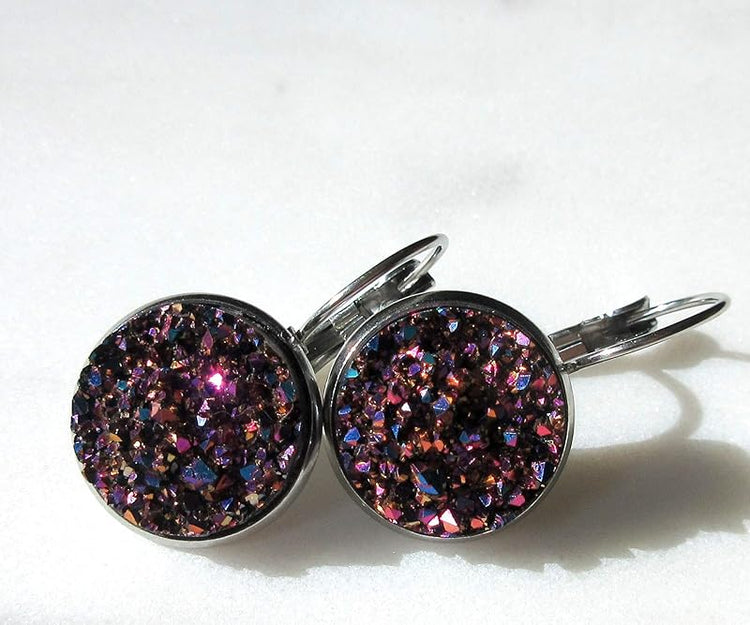 Summerfield Collection Stainless Steel Faux Druzy Stone Lever-back Drop Earrings 14mm (Pink/Purple/Teal)