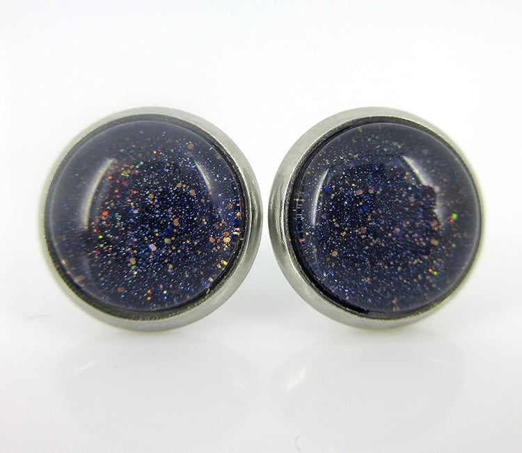 Summerfield Collection Stainless Steel Dark Purple and Gold Glitter Glass Stud Earrings Hand-painted 10mm