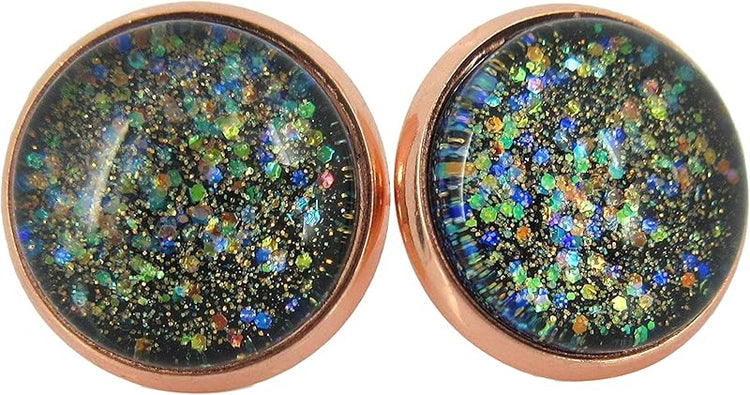Summerfield Collection Rose Gold-tone Black Iridescent Glitter Glass Galaxy Stud Earrings Hand-painted 12mm