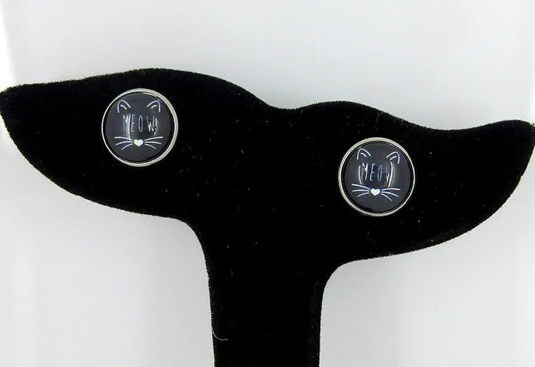 Summerfield Collection Stainless Steel Cat Lover Printed Glass Stud Earrings 12mm (Meow Cat Face)