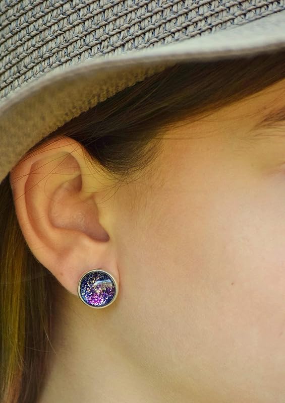 Summerfield Collection Silver-tone Glitter Glass Galaxy 12mm Stud Earrings Blue Purple Teal