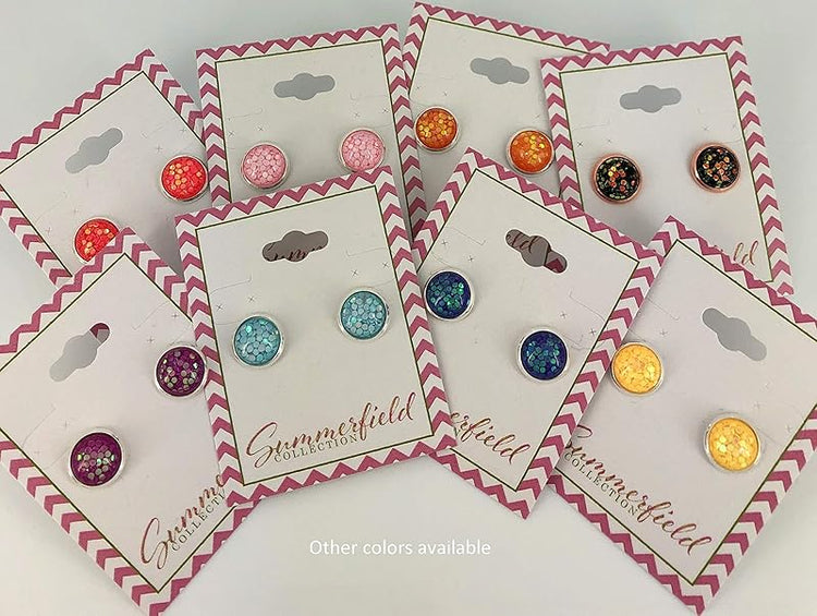 Summerfield Collection Shiny Silver-tone Iridescent Glitter Resin Stud Earrings 10mm (Yellow)