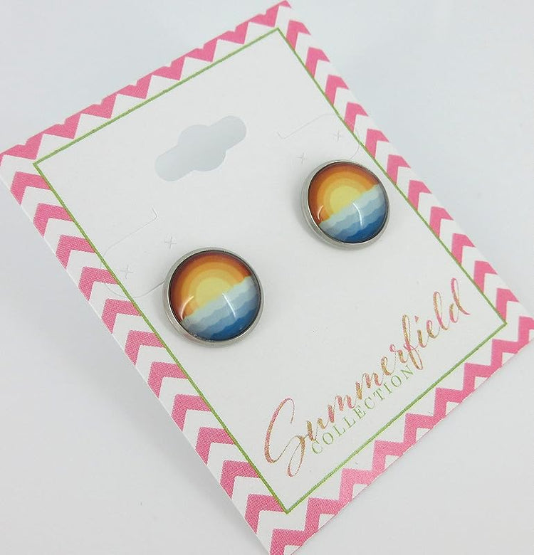 Summerfield Collection Stainless Steel Vintage Sunset Horizon and Ocean Waves Print Glass Stud Earrings 12mm