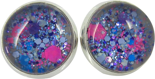 Summerfield Collection Silver-tone Gray Neon Pink Aqua Blue and Purple Glitter Glass Stud Earrings Hand-painted 12mm