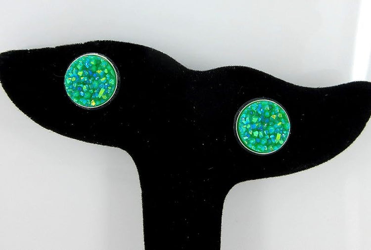 Summerfield Collection Peaches and Green Trio Silver-tone Stud Earrings 12mm Nude Coral AB Faux Druzy Stone Set