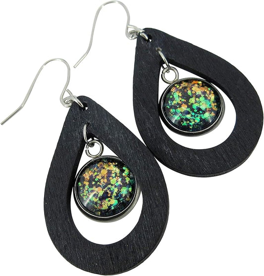Summerfield Collection Stainless Steel Glitter Glass Charm Black Teardrop Wood Dangle Earrings Hand-painted