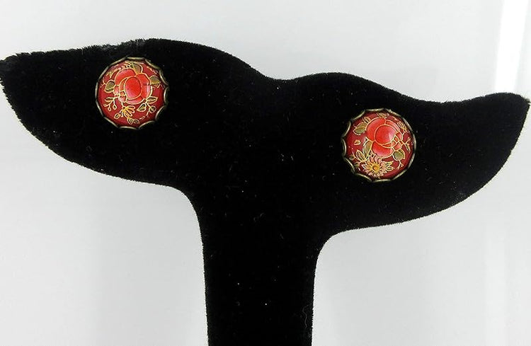 Summerfield Collection Antiqued Gold-tone Floral Print Stud Earrings 12mm (Red)
