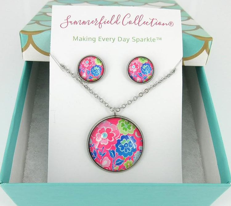 Summerfield Collection Stainless Steel Floral Printed Glass Necklace Stud Earrings Set (Pink)