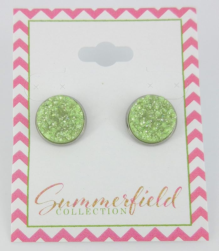 Summerfield Collection Stainless Steel Neon Yellow Green Faux Druzy Glitter Stone Stud Earrings Lime Translucent