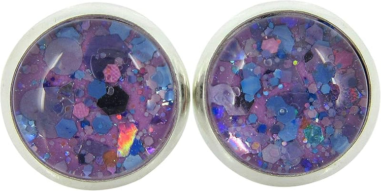Summerfield Collection Silver-tone Purple Unicorn Mix Glitter Glass Stud Earrings Hand-painted 10mm