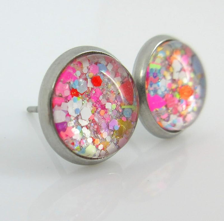Summerfield Collection Stainless Steel Happy Confetti Glitter Glass Stud Earrings Hand-painted 10mm
