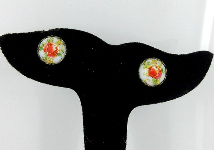 Summerfield Collection Antiqued Gold-tone Floral Print Stud Earrings 12mm (White)