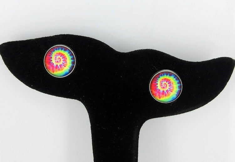 Summerfield Collection Stainless Steel Tie Dye Print Glass Stud Earrings 12mm (Purple/Red Swirl)