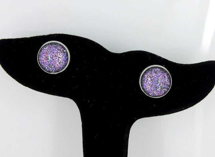 Summerfield Collection Stainless Steel Purple Holographic Glitter Glass Stud Earrings Hand-painted 12mm