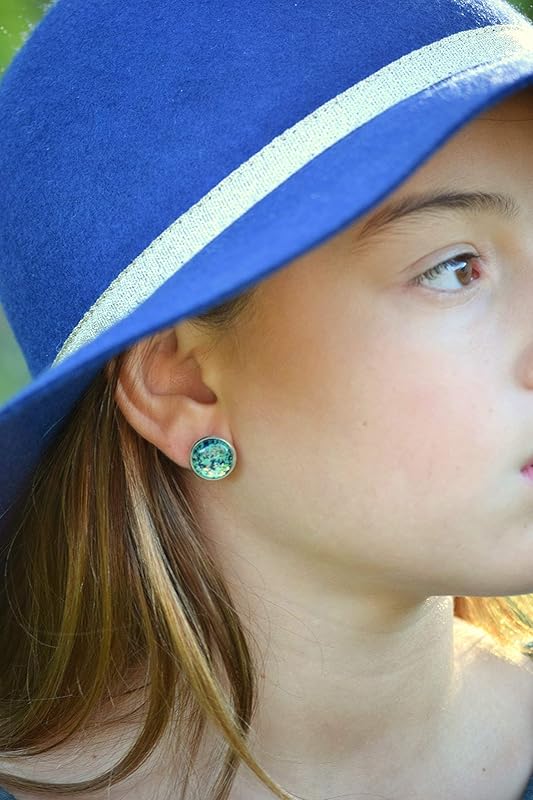 Summerfield Collection Silver-tone Mermaid Tail Glitter Glass Stud Earrings Hand-painted 12mm