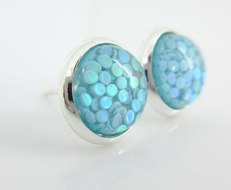Summerfield Collection Shiny Silver-tone Iridescent Glitter Resin Stud Earrings 10mm (Sky Blue)