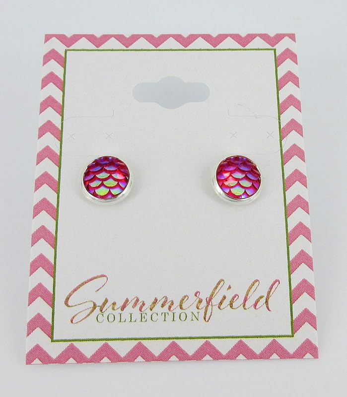 Summerfield Collection Silver-tone Metallic Mermaid Scale Stud Earrings 8mm (Hot Pink)