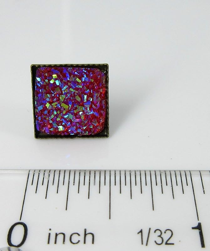 Summerfield Collection Geometric Square Shaped Flat Faux Druzy Stud Earrings 12mm Statement Antiqued Gold-tone (Hot Pink)
