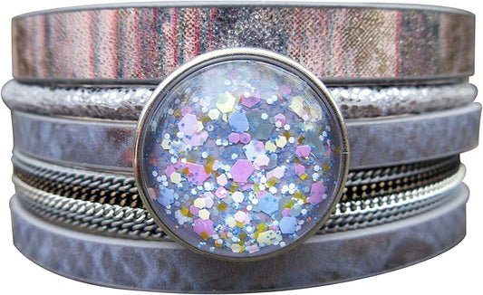 Summerfield Collection Interchangeable Snap Bracelet 3 Charm Set Purple Glitter Glass Layered Leather