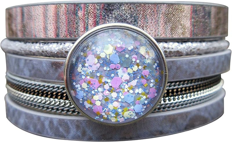 Summerfield Collection Interchangeable Snap Bracelet 3 Charm Set Purple Glitter Glass Layered Leather