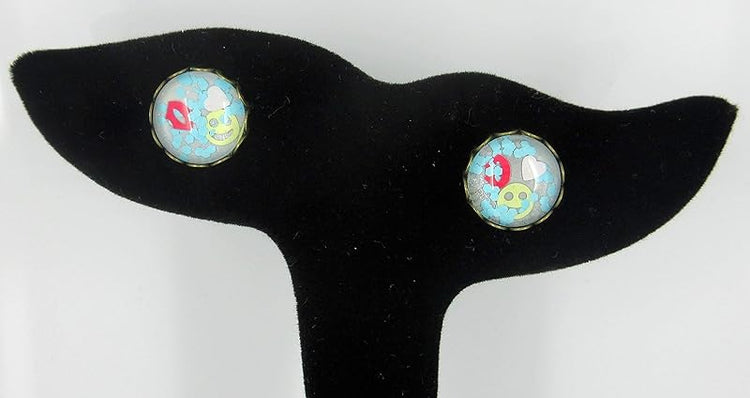Summerfield Collection Antiqued Gold-tone Emoji Glitter Glass Stud Earrings Pink Red Yellow Aqua Blue Hand-painted