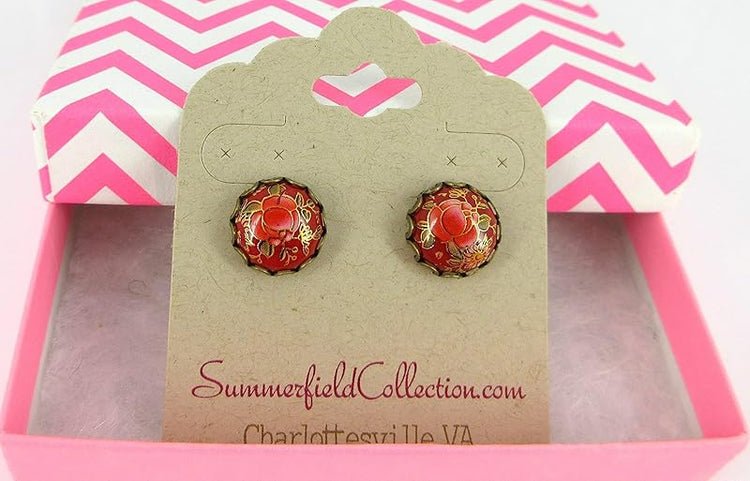 Summerfield Collection Antiqued Gold-tone Floral Print Stud Earrings 12mm (Red)