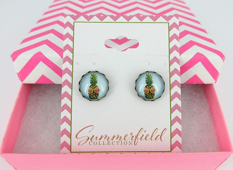 Summerfield Collection Antiqued Gold-tone Pineapple Print Glass Stud Earrings 12mm